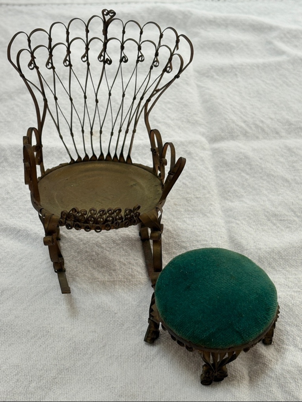 Antique Tin can Chair with Green Velvet Ottoman pin cushion